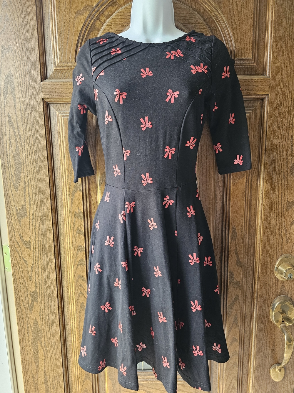 Unique Vintage Black Mini Dress with Red Bow Print